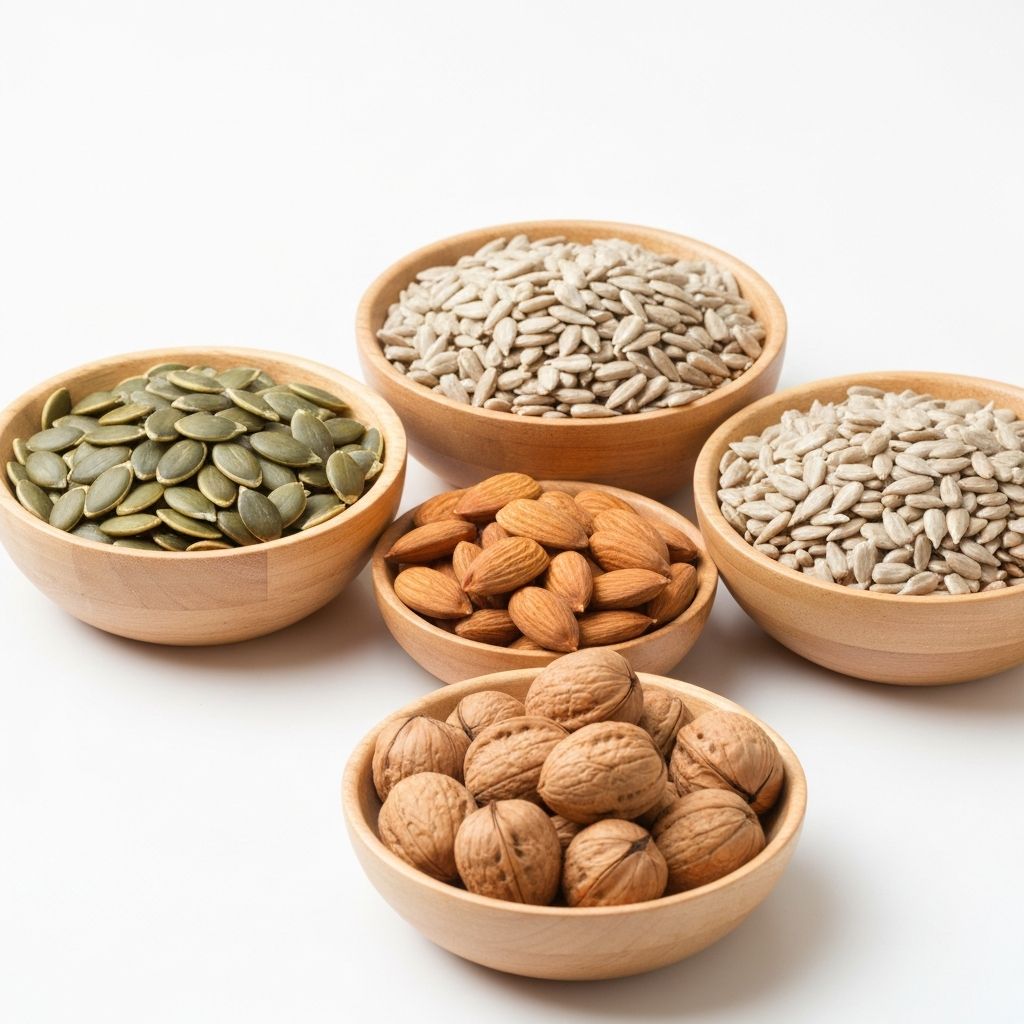 Seeds and nuts in bowls